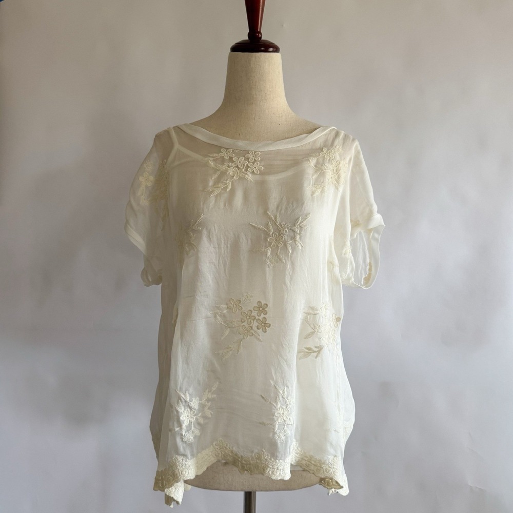 Angela Moda Italy Silk Blend Sheer Embroidered Top Med Romantic Ethereal Angel - Picture 2 of 9